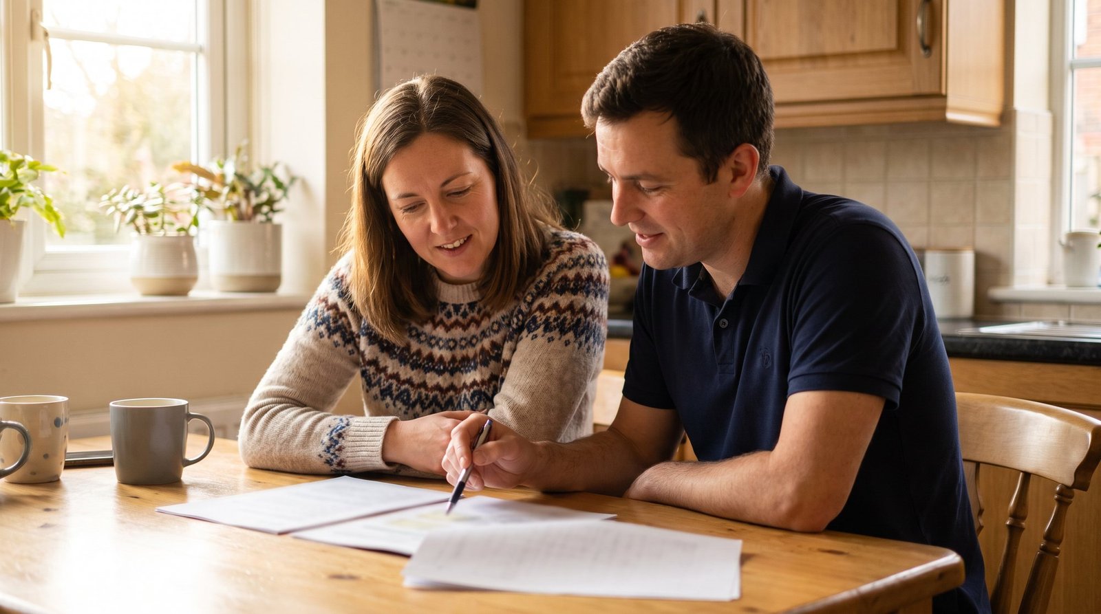 A woman in a patterned sweater and a man in a navy polo reviewing printed pages together at a wooden kitchen table, the man holding a pen, with houseplants on the windowsill behind them